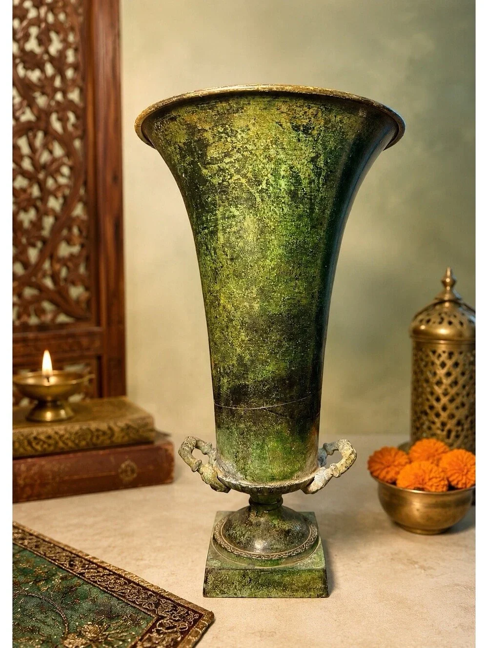 Blue Ridge Design 1980s Brass Enamel Verdigris Trumpet Urn Vase, 8x14”